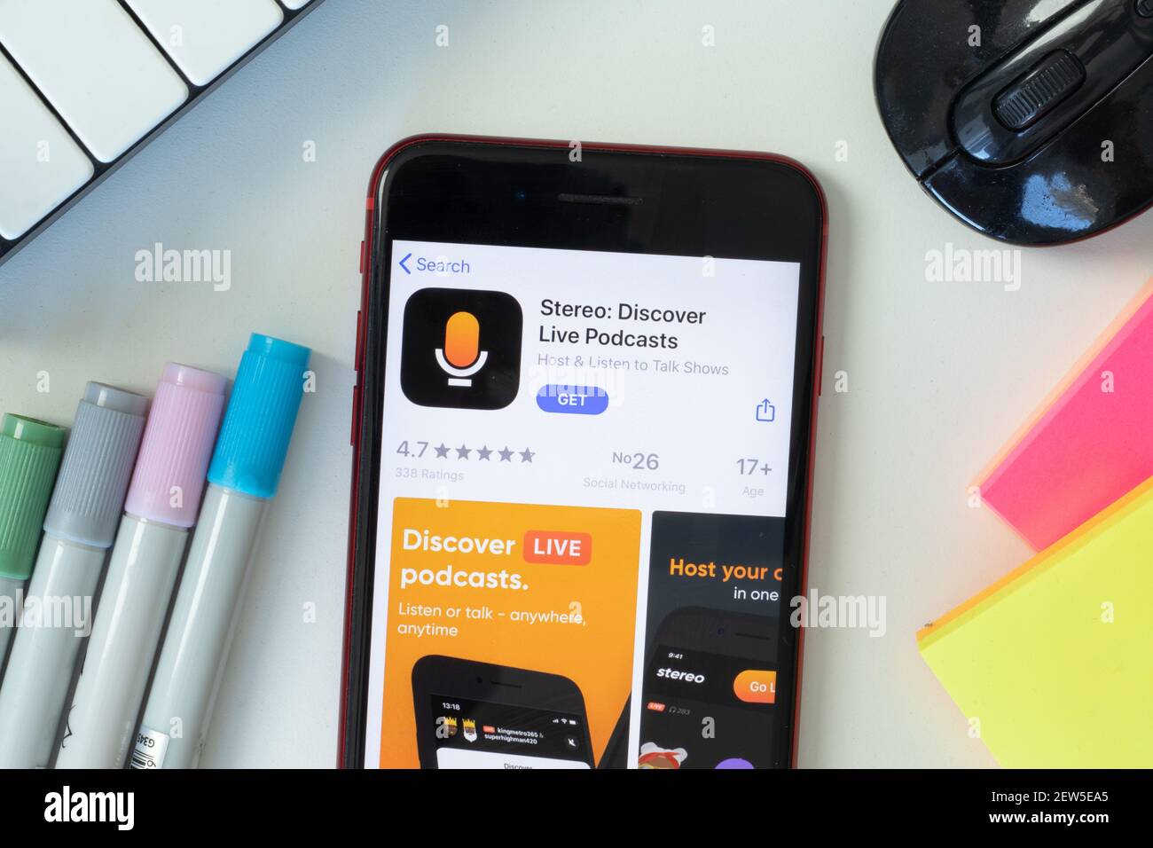 New York, USA - 2 March 2021: Stereo: Discover Live Podcasts mobile app icon on phone screen, Illustrative Editorial Stock Photo