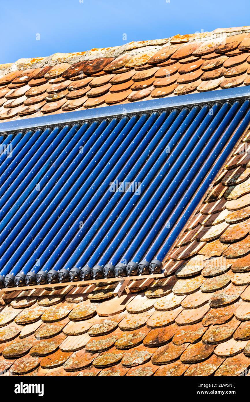 Close up of solar water heater on roof top. Solar panel for hot water