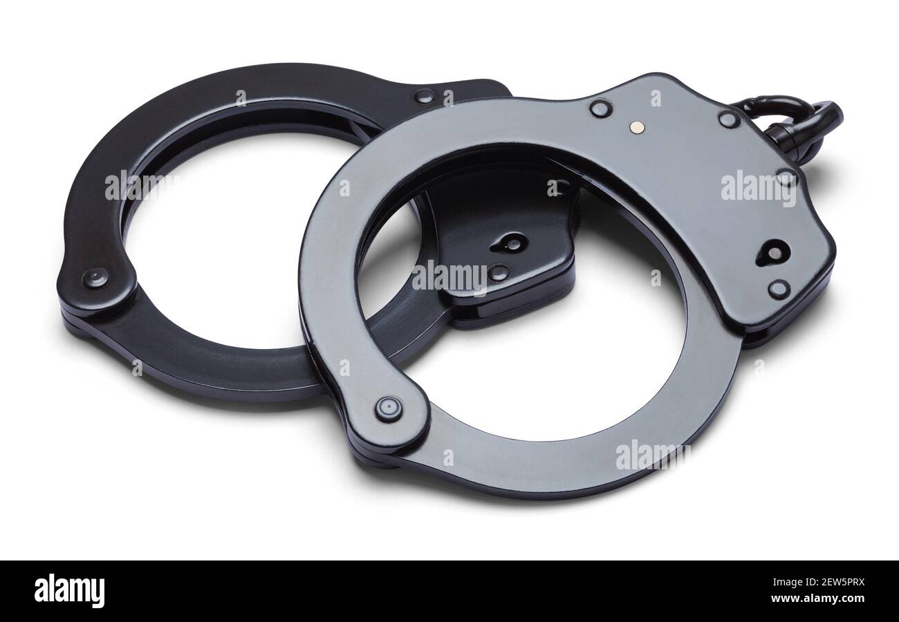 Pair of Black Metal Handcuffs Cut Out. Stock Photo