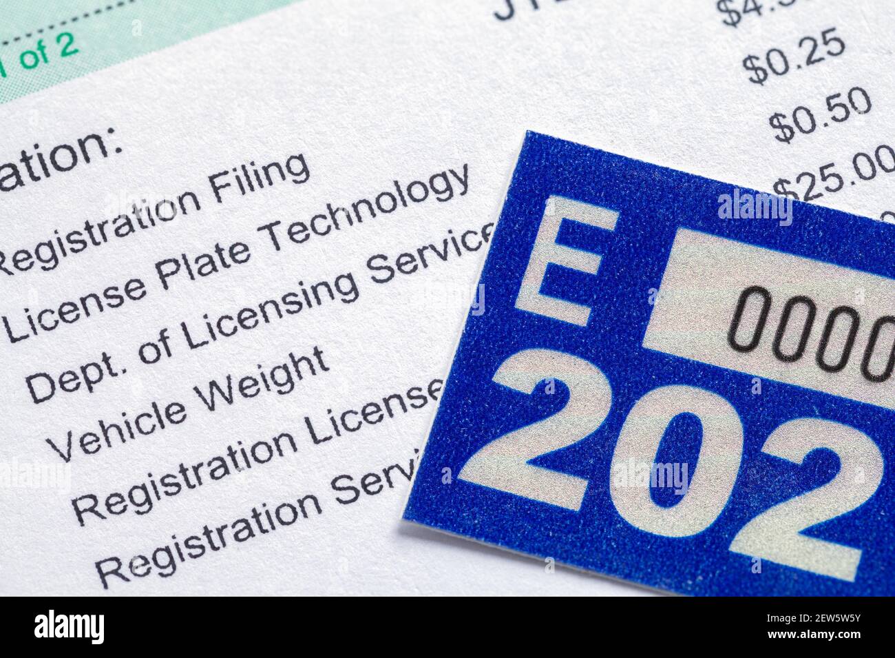 Vehicle Registration Paper Work With Sticker Tag. Stock Photo