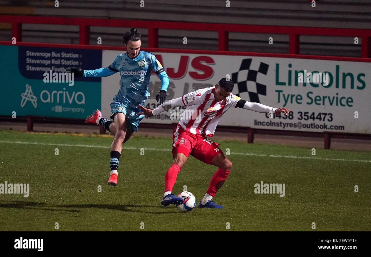 Stevenage's Terence Vancooten (right) and Forest Green Rovers' Aaron Collins battle for the ball during the Sky Bet League Two match at the Lamex Stadium, Stevenage. Picture date: Tuesday March 2, 2021. Stock Photo