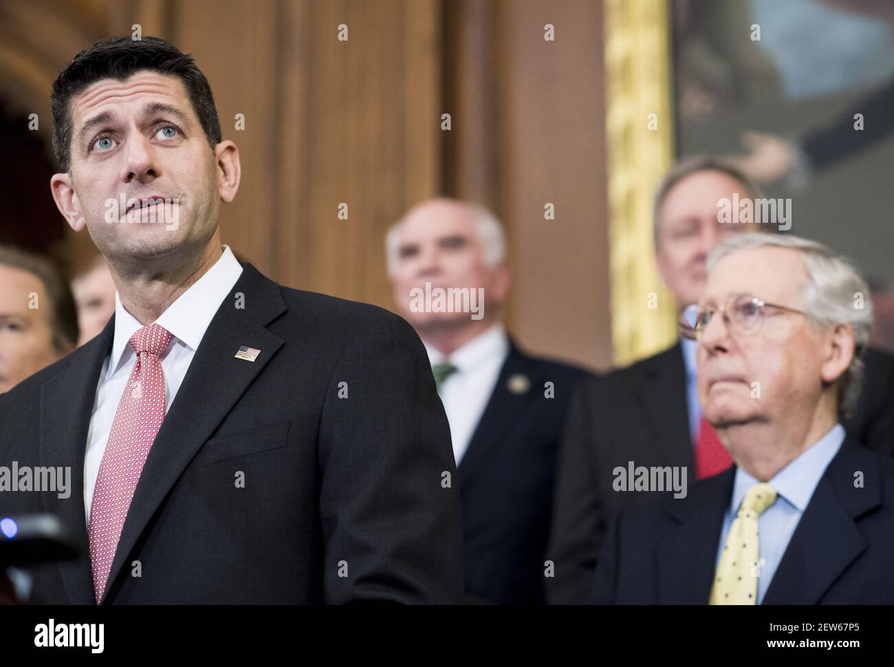 UNITED STATES - SEPTEMBER 27: Speaker of the House Paul Ryan, R-Wisc., left, and Senate Majority Leader Mitch McConnell, R-Ky., lead the Congressional GOP media availability to unveil the GOP tax reform plan in the Capitol on Wednesday, Sept. 27, 2017. (Photo By Bill Clark/CQ Roll Call) Stock Photo