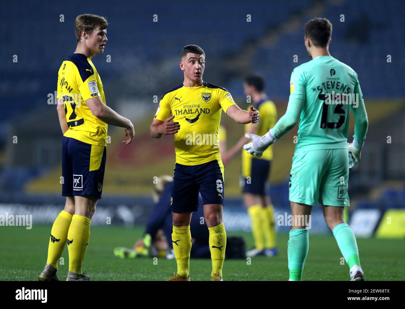 Oxford United Goalkeeper Jack Stevens Right Speaks To Team Mates Cameron Brannagan Centre And Robert Atkinson During The Sky Bet League One Match At The Kassam Stadium Oxford Picture Date Tuesday March 2