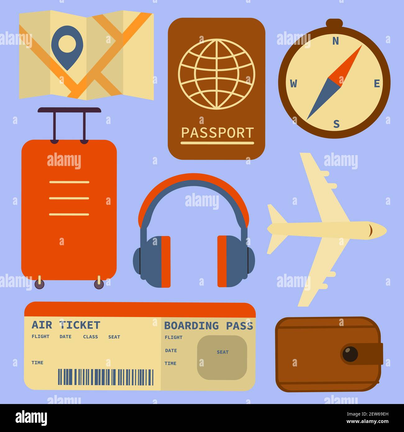 Flat design style modern vector illustration icons set of travel by plane. Vector illustration Stock Vector