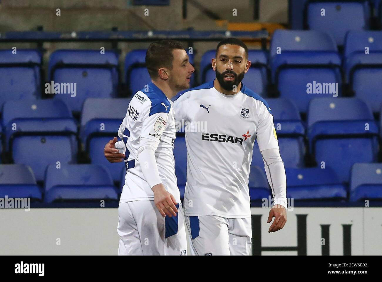 Birkenhead, UK. 02nd Mar, 2021. Liam Feeney of Tranmere Rovers (r) celebrates with his teammate Lee O'Connor after scoring his teams 1st goal. EFL Skybet Football league two match, Tranmere Rovers v Newport County at Prenton Park, Birkenhead, Wirral on Tuesday 2nd March 2021. this image may only be used for Editorial purposes. Editorial use only, license required for commercial use. No use in betting, games or a single club/league/player publications.pic by Chris Stading/Andrew Orchard sports photography/Alamy Live News Credit: Andrew Orchard sports photography/Alamy Live News Stock Photo
