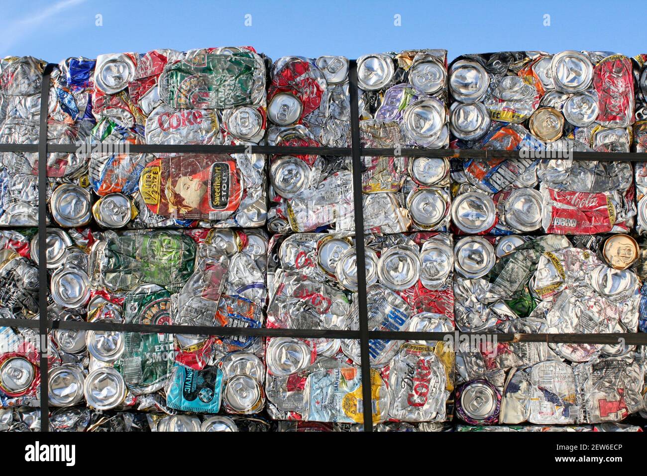 Crushed food and drink cans for recycling, Stonehaven recycling centre, Aberdeenshire, Scotland