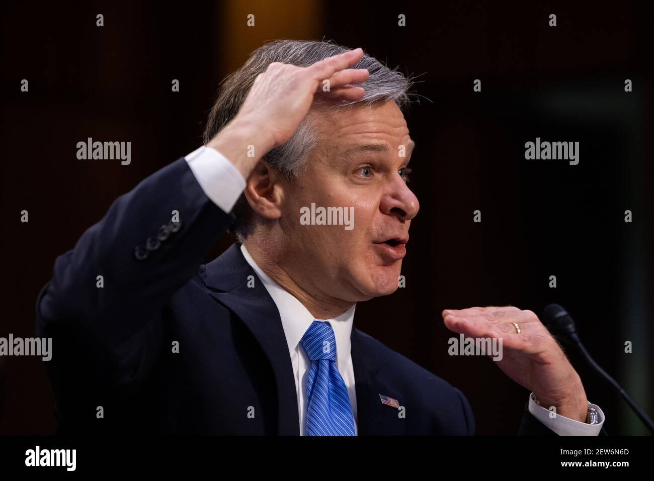 Federal Bureau of Investigation Director Christopher Wray testifies on Capitol Hill, in Washington, before a Senate Judiciary Committee on the the January 6th Insurrection, domestic terrorism and other threats, Tuesday, March 2, 2021.Credit: Graeme Jennings/Pool via CNP/MediaPunch Stock Photo