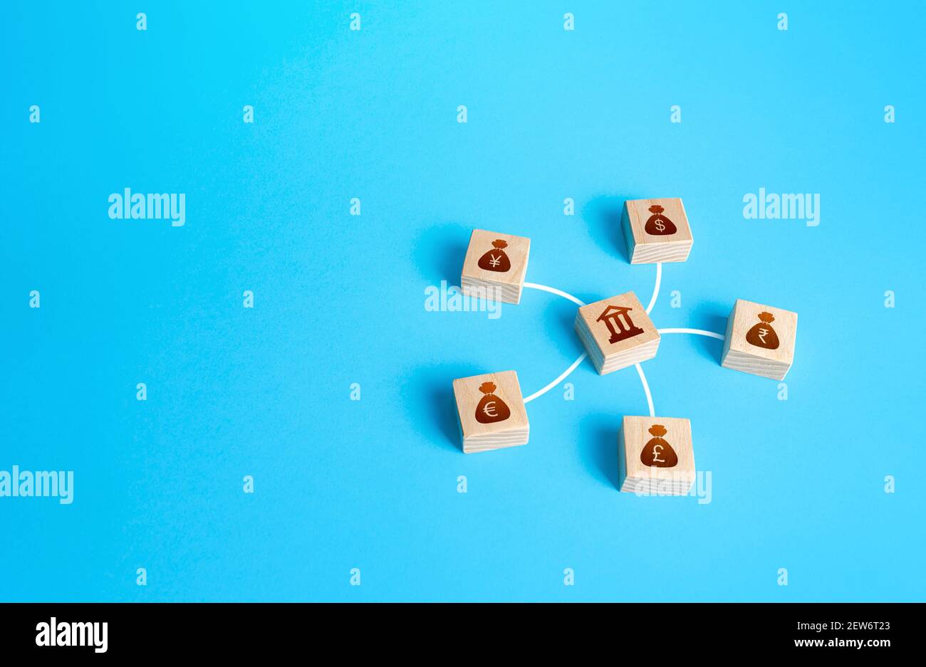 Linked blocks bank and world currencies money bags. Financial system, concept of national reserve system. Investment funds. Attraction of credit resou Stock Photo