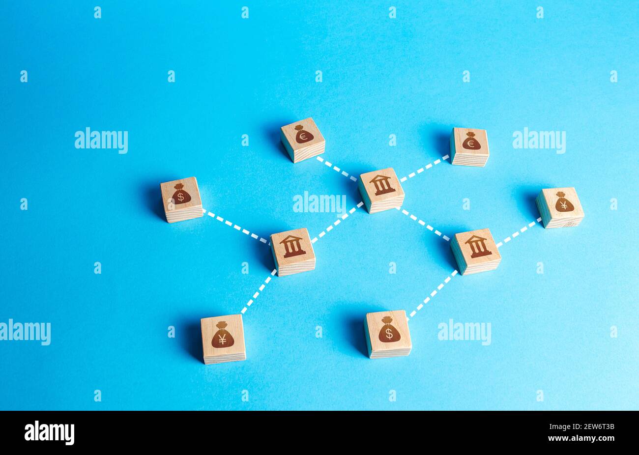 Banks and money blocks connected in a network of lines. Financial