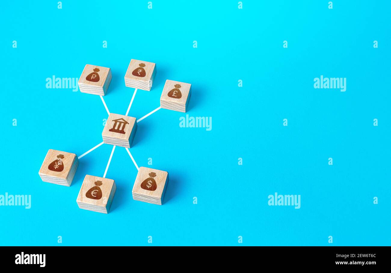 Linked blocks of bank and world currencies money bags. Financial system, national reserve system concept. Investment funds. Attraction of credit resou Stock Photo