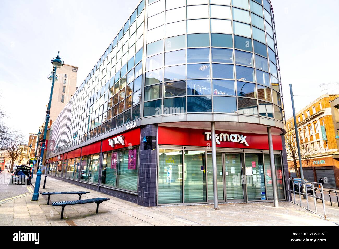 13 February 2021 London, UK - Exterior of closed TK Maxx store in Woolwich during the coronavirues pandemic lockdown Stock Photo