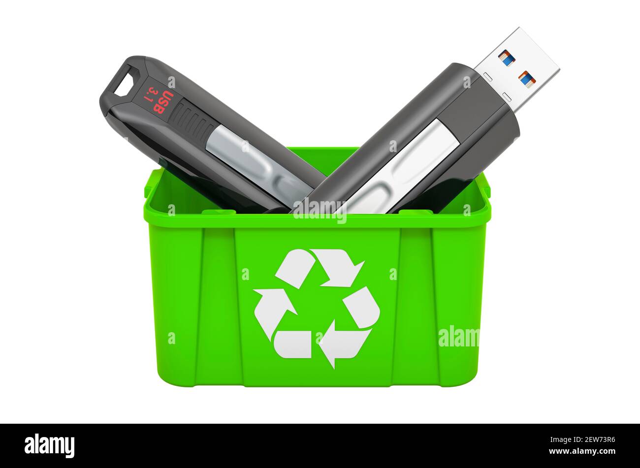 Recycling trashcan with USB flash drive, 3D rendering isolated on white