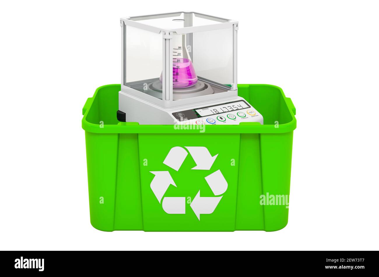 Recycling trashcan with analytical balance, 3D rendering isolated on white background Stock Photo