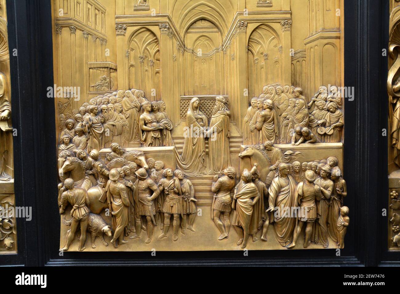 Solomon and the Queen of Sheba bronze door panel on the Baptistery in Florence Italy. Stock Photo