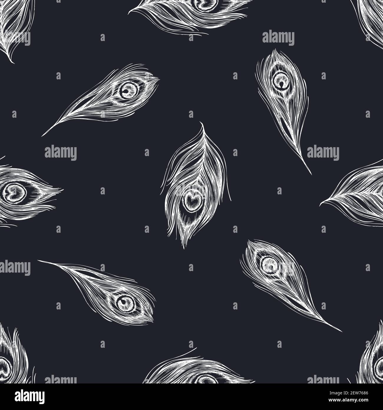 Seamless pattern with hand drawn chalk peacock feathers Stock Vector