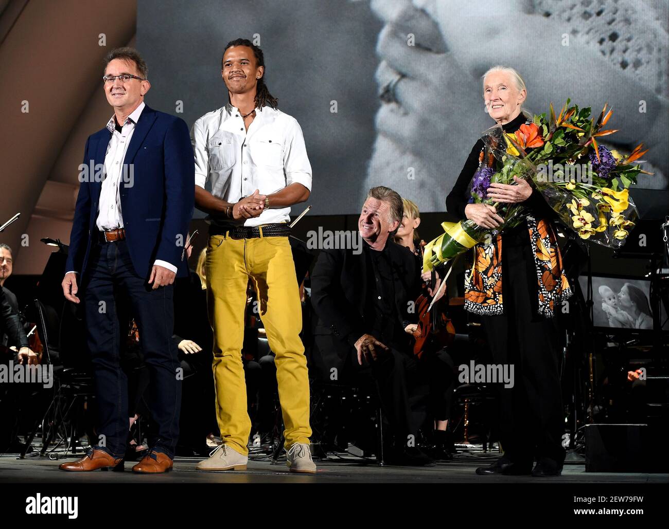 HOLLYWOOD - OCTOBER 9: (L-R) Grub van Lawick, Merlin Van Lawick and Dr.  Jane Goodall attend the Los Angeles premiere of National Geographic  Documentary Films "Jane" at the Hollywood Bowl on October