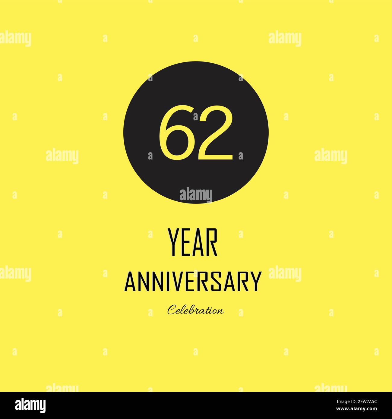 62 Anniversary celebration on yellow background. Vector festive illustration. Birthday or wedding party event decoration Stock Vector