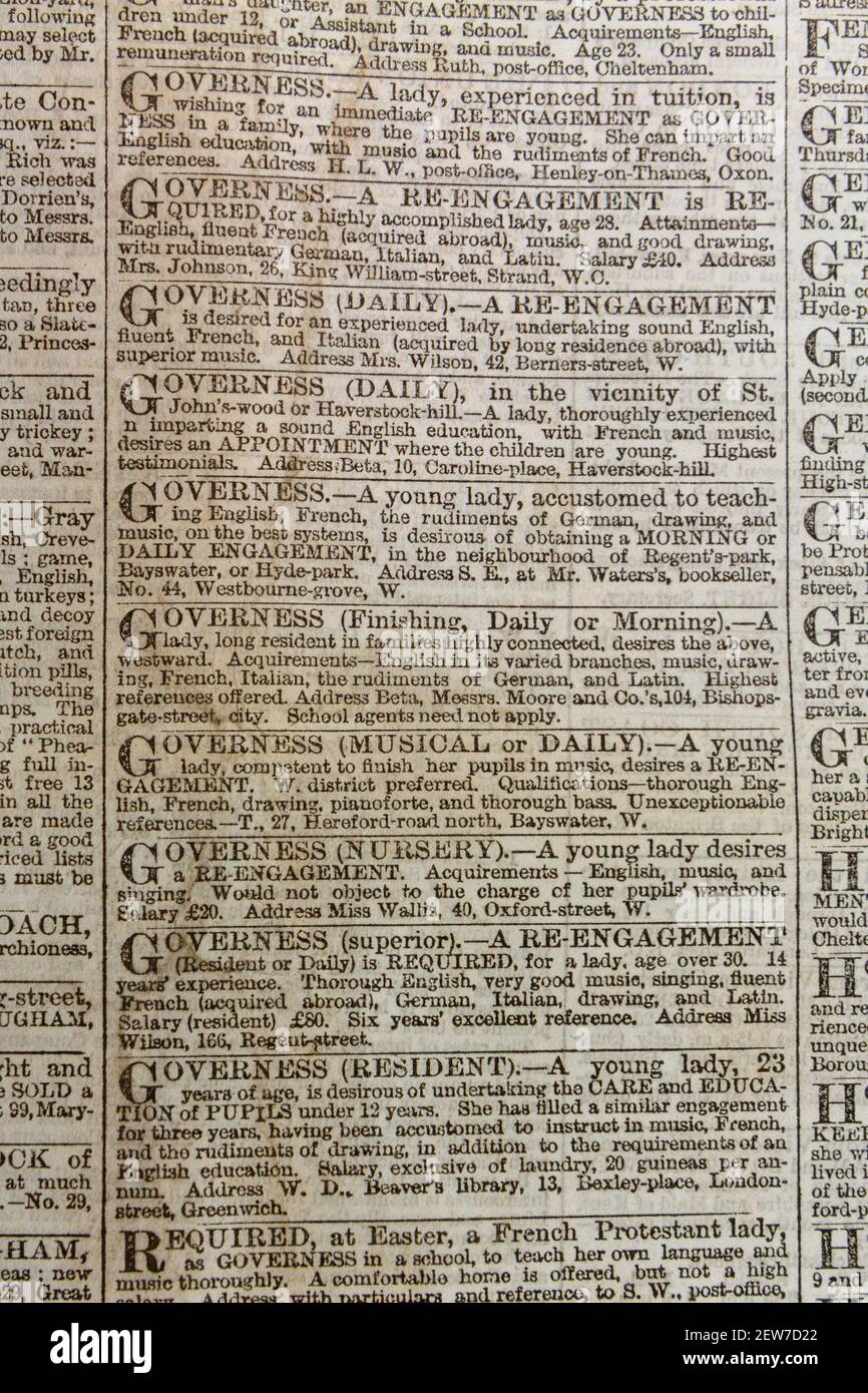 Job adverts for Governess positions in The Times newspaper London on Tuesday 3 March 1863. Stock Photo