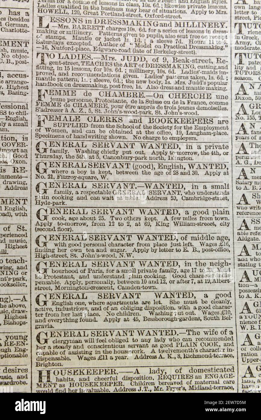 Job adverts for General Servants, Clerks and Book keepers in The Times newspaper London on Tuesday 3 March 1863. Stock Photo