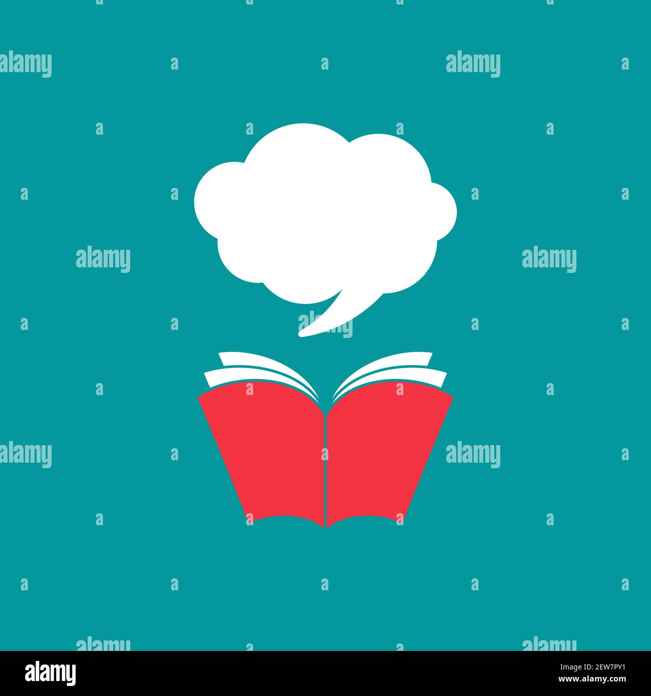 Open book with red book cover, white speech bubble and quote marks ...