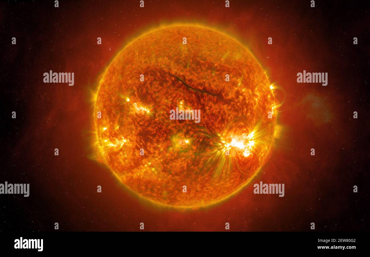 View of the Sun from space. The Sun is the star at the center of the Solar System. Sci-fi background. Elements of this image furnished by NASA. Stock Photo