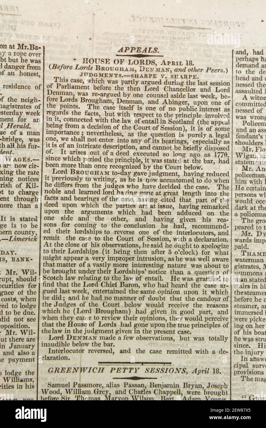 'Appeals' judgement from the House of Lords in the Times newspaper (Monday 20th April 1835), London, UK. Stock Photo