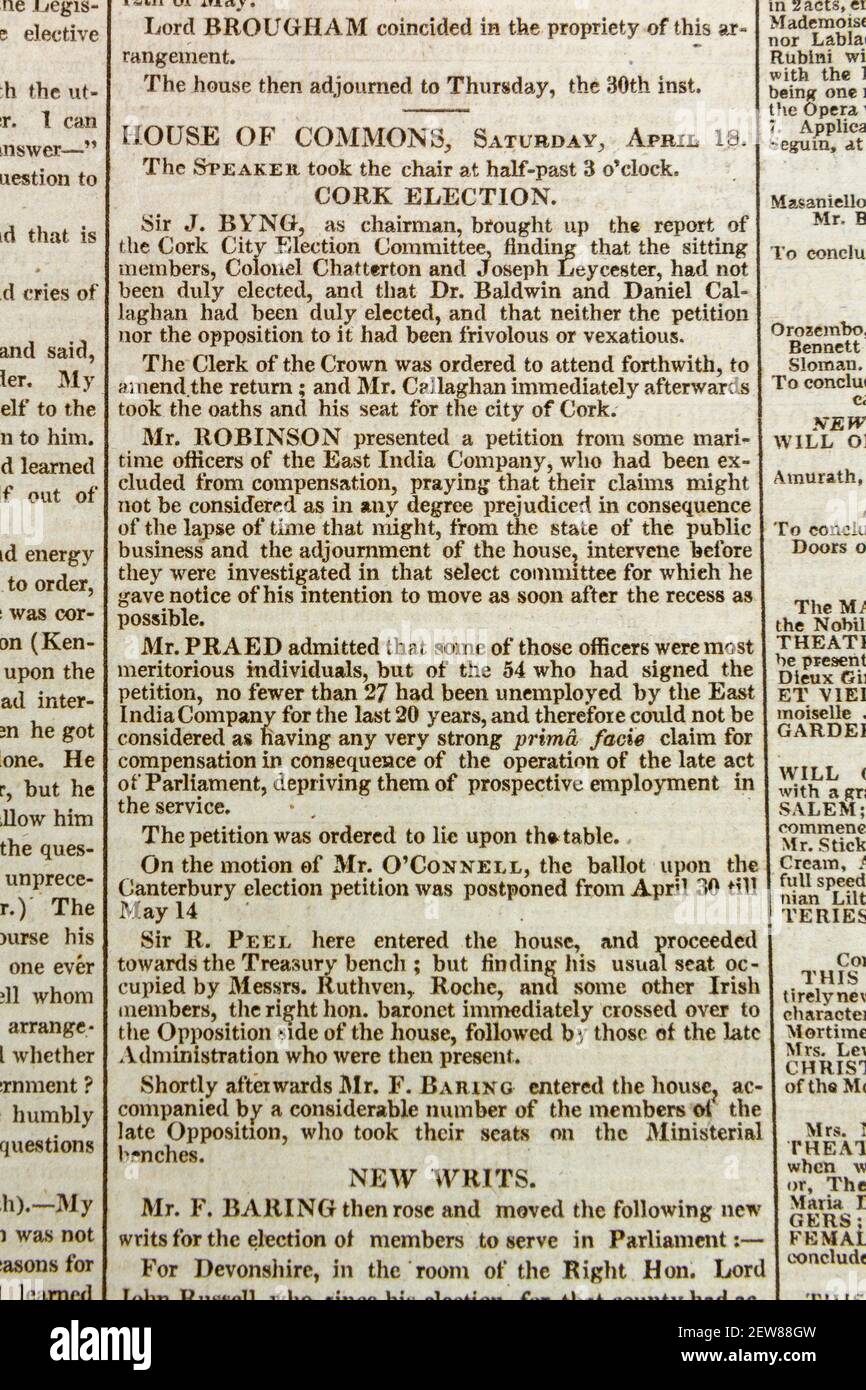 House of Commons reports in the Times newspaper (Monday 20th April 1835), London, UK. Stock Photo