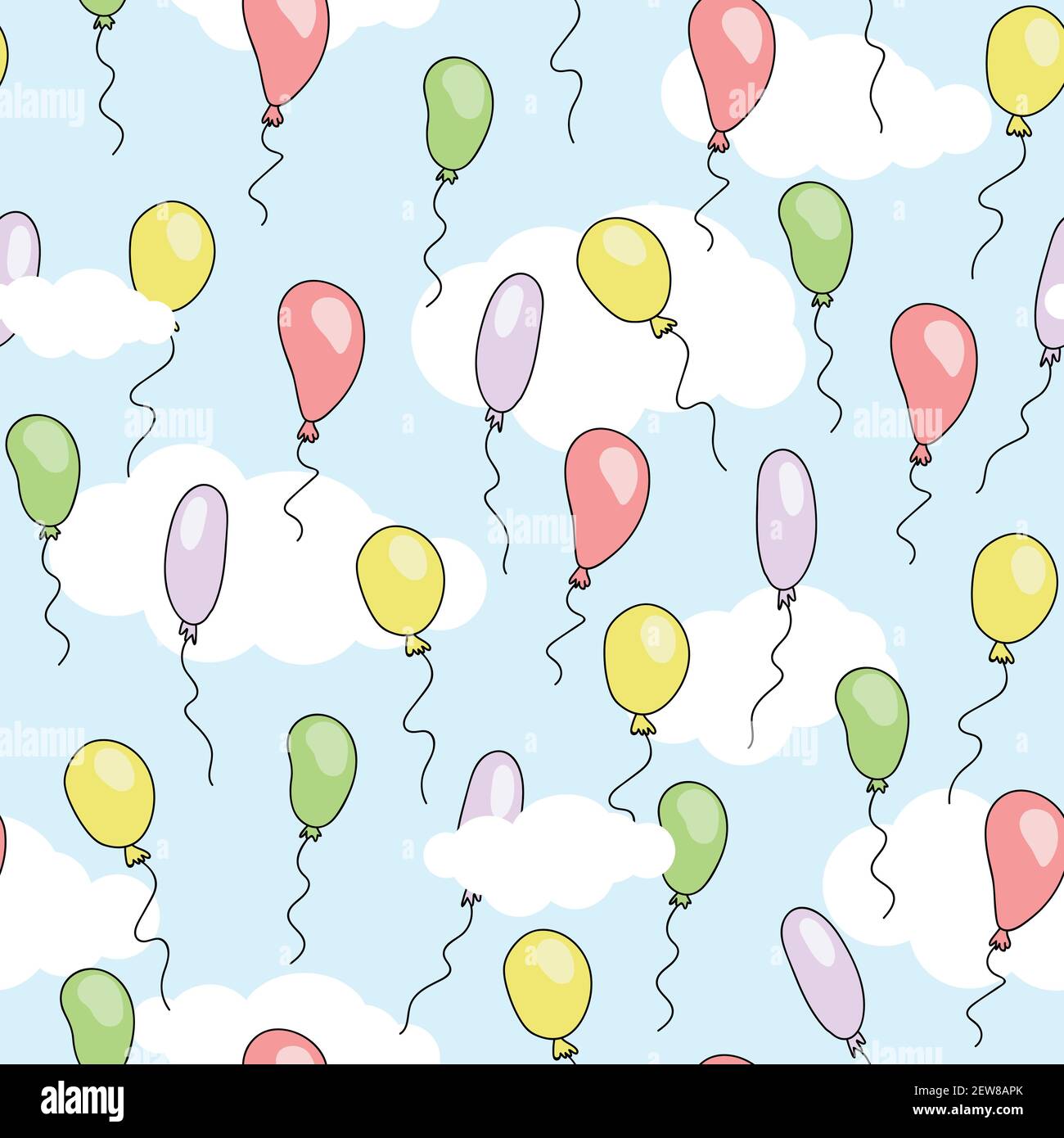Seamless cute pattern with cartoon balloons of different bright colors flying in the blue sky with white clouds. Colorful Vector Illustration for Birt Stock Vector