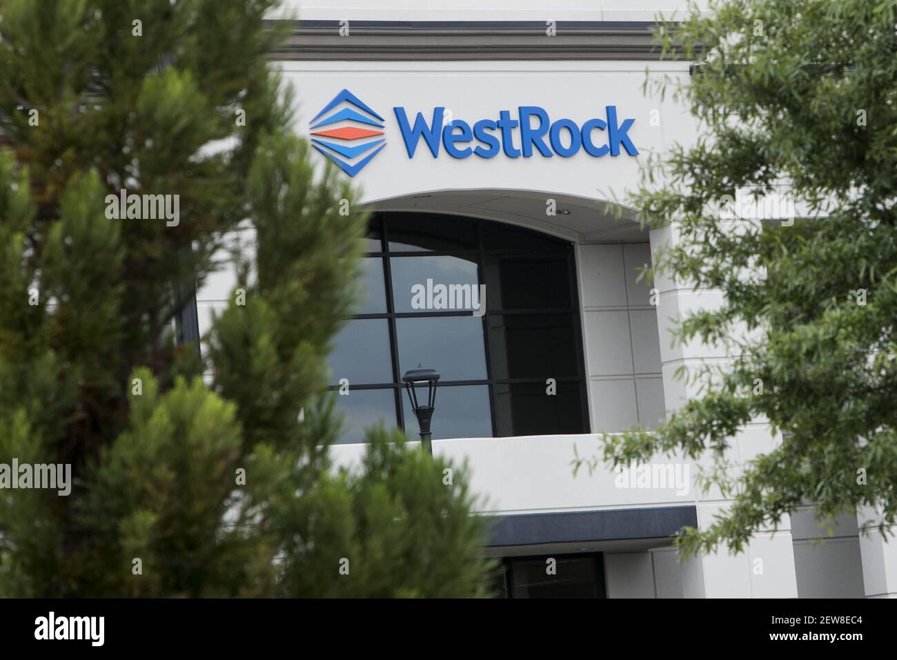 A logo sign outside of a facility occupied by WestRock in Lithia