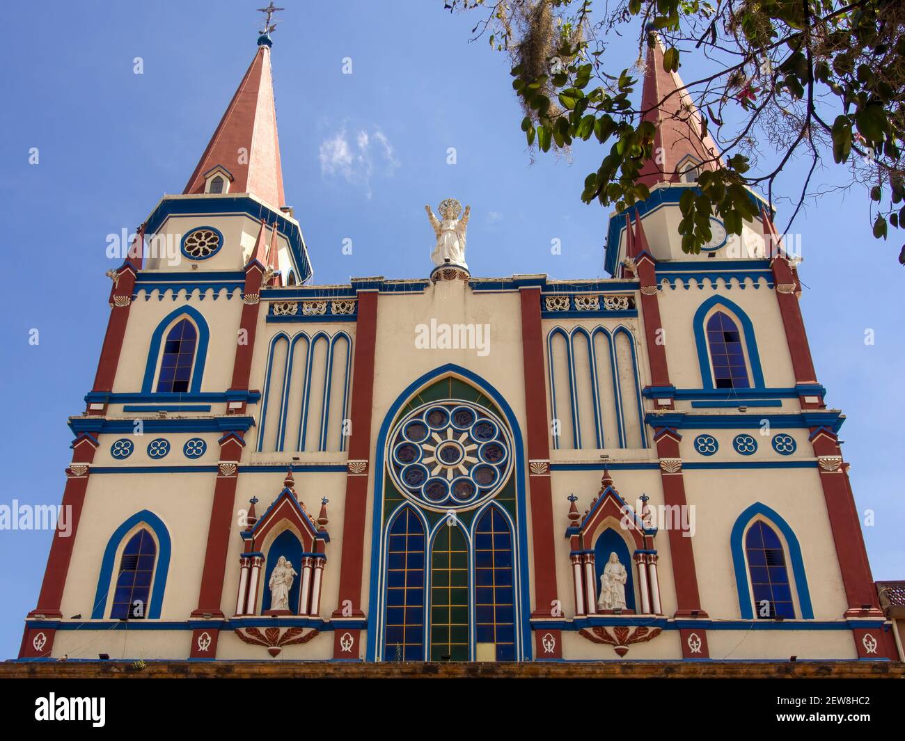 Facade of the Our Lady of the Rosary Basilica in the town of Moniquira, in the department of Boyaca, Colombia. Stock Photo