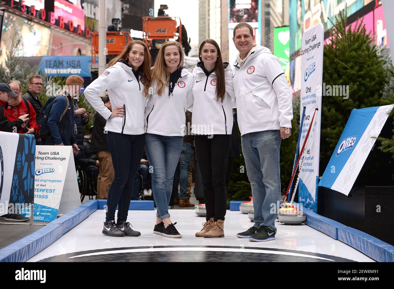 Members Of The 18 Olympic Usa Curling Team L R Taylor Anderson Sarah Anderson Jamie Sinclair And John Shuster Pose During The Team Usa Winter Fest 100 Day Countdown To The 18