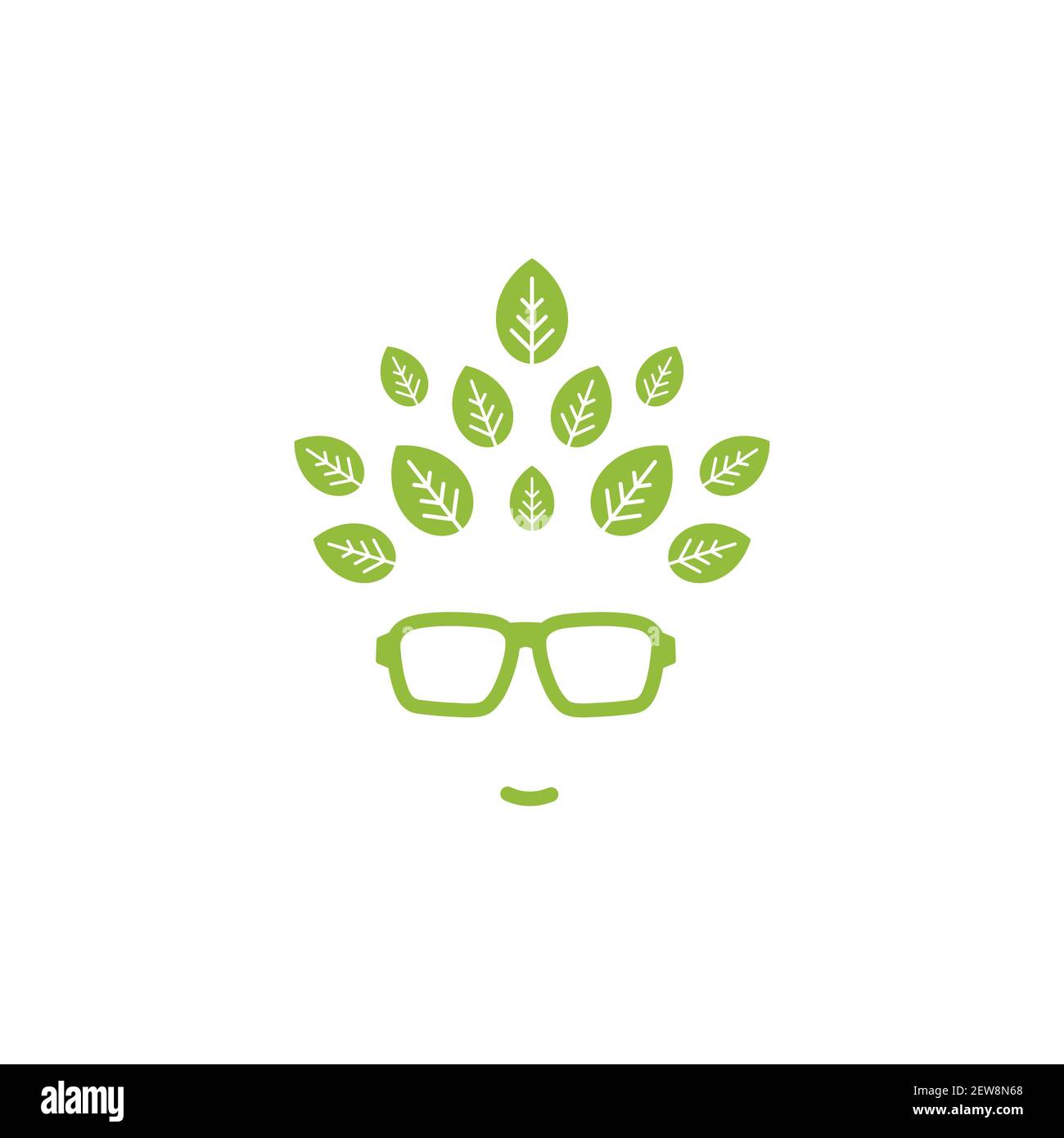 Green silhouette of man's head in hipster glasses with leaves in
