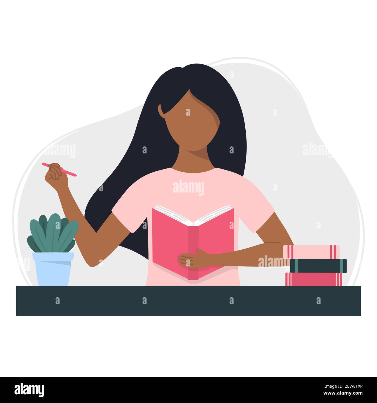 Black woman writes in a notebook. Planning, studying, writing or reading concept. Flat style vector illustration. Stock Vector