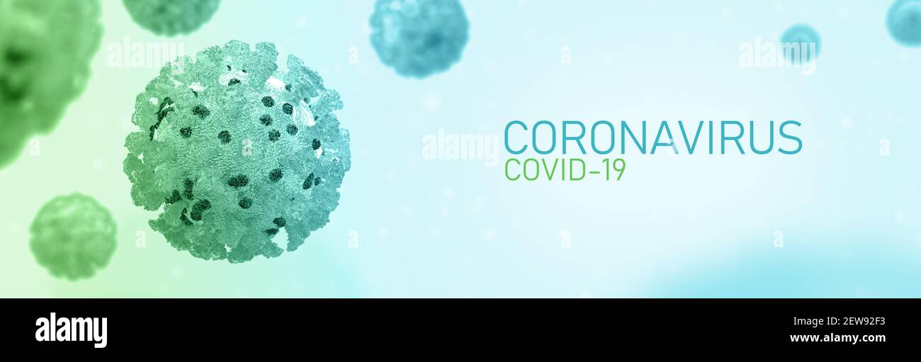 Coronavirus, Covid-19, 3D illustration. Blue cell white background. banner web format. Microscopic view of floating virus cells. Influenza, 2019-ncov Stock Photo