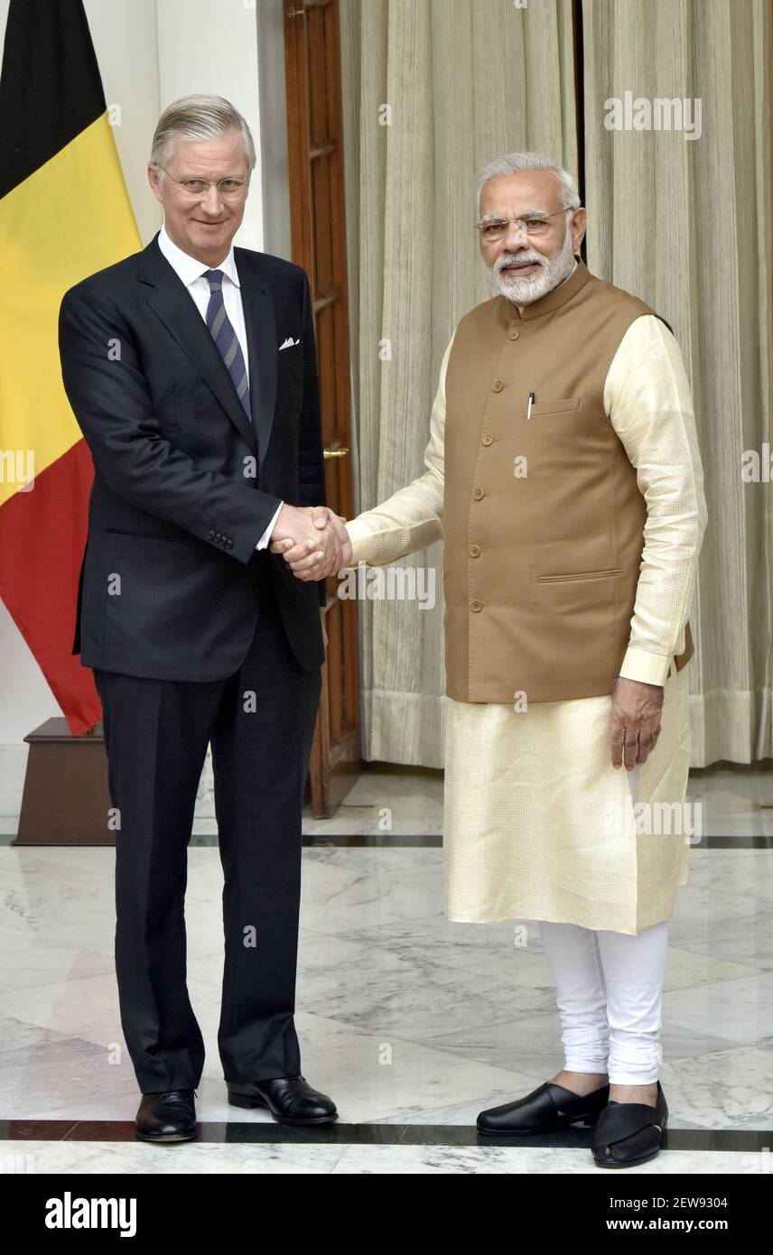 NEW DELHI, INDIA - NOVEMBER 7: Prime Minister of India Narendra Modi greets  King Philippe of Belgium during the delegation meeting at Hyderabad House  on November 7, 2017 in New Delhi, India.