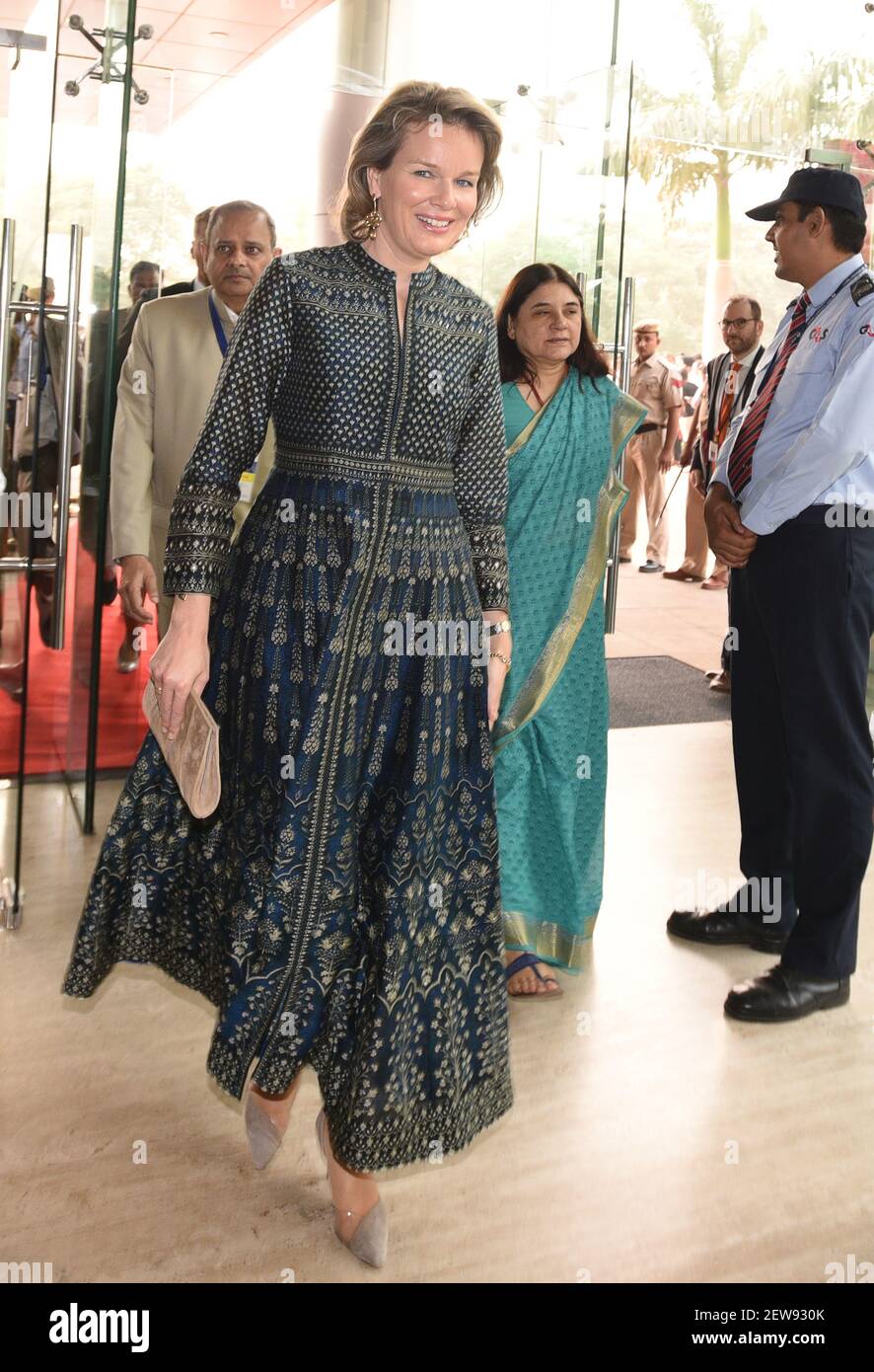 GURGAON, INDIA - NOVEMBER 7: Queen Mathilde of Belgium with Maneka Gandhi  Union Cabinet Minister for Women & Child Development during her visit at  the Childline Bureau at Sona Road, on November