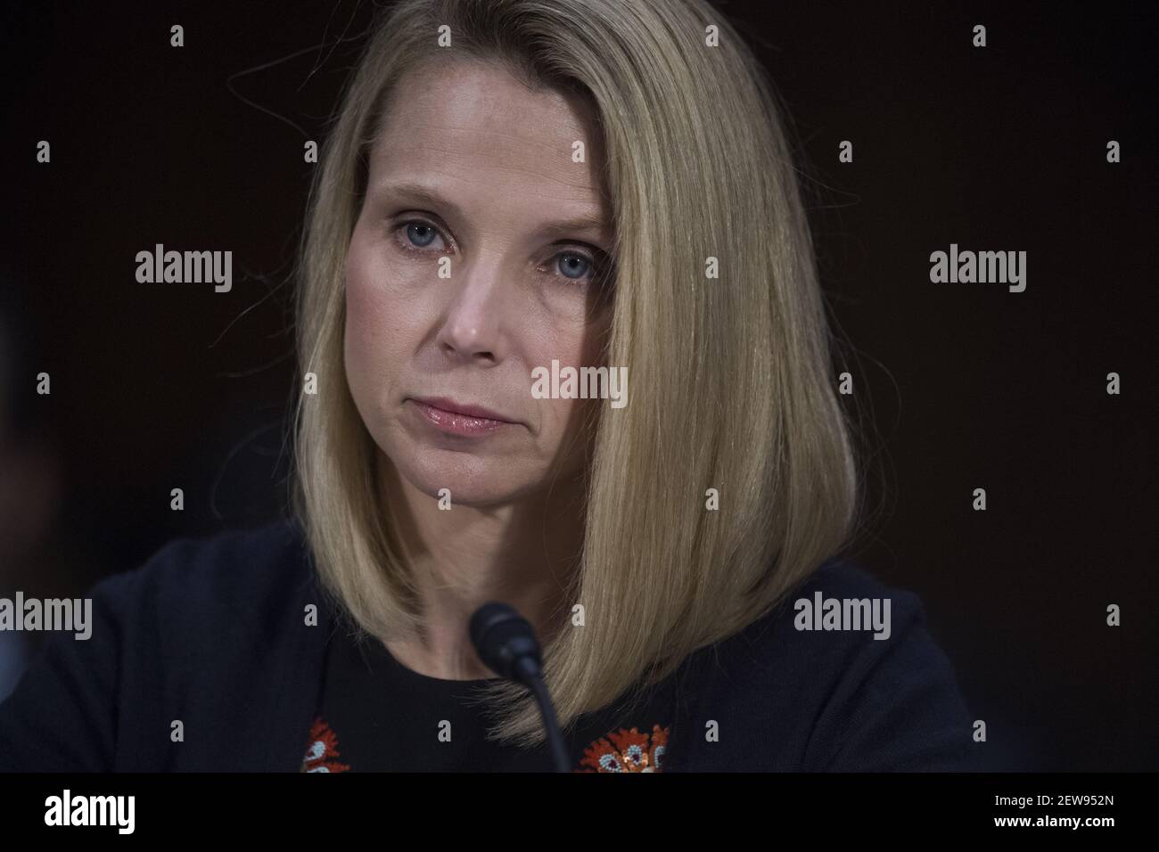 UNITED STATES - NOVEMBER 08: Marissa Mayer, former CEO of Yahoo, testifies during a Senate Commerce, Science and Transportation Committee hearing titled 'Protecting Consumers in the Era of Major Data Breaches,' in Dirksen Building on November 8, 2017. (Photo By Tom Williams/CQ Roll Call) Stock Photo