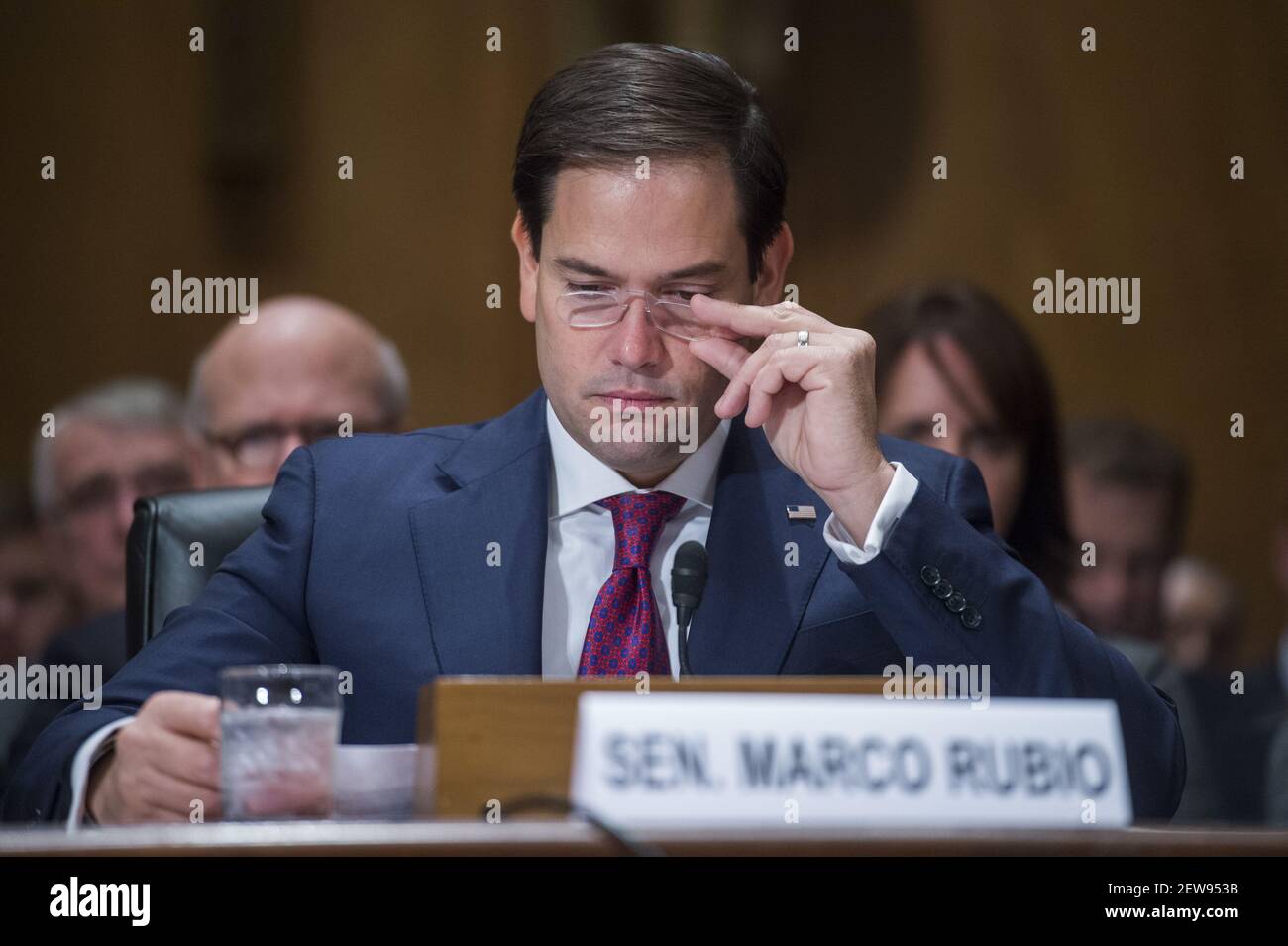 UNITED STATES - NOVEMBER 08: Sen. Marco Rubio, R-Fla., is seen during a Senate Homeland Security and Governmental Affairs Committee confirmation hearing for Kirstjen Nielsen, Homeland Security Department secretary nominee, in Dirksen Building on November 8, 2017. Rubio and Sen. Rob Portman, R-Ohio, introduced Nielsen. (Photo By Tom Williams/CQ Roll Call) Stock Photo