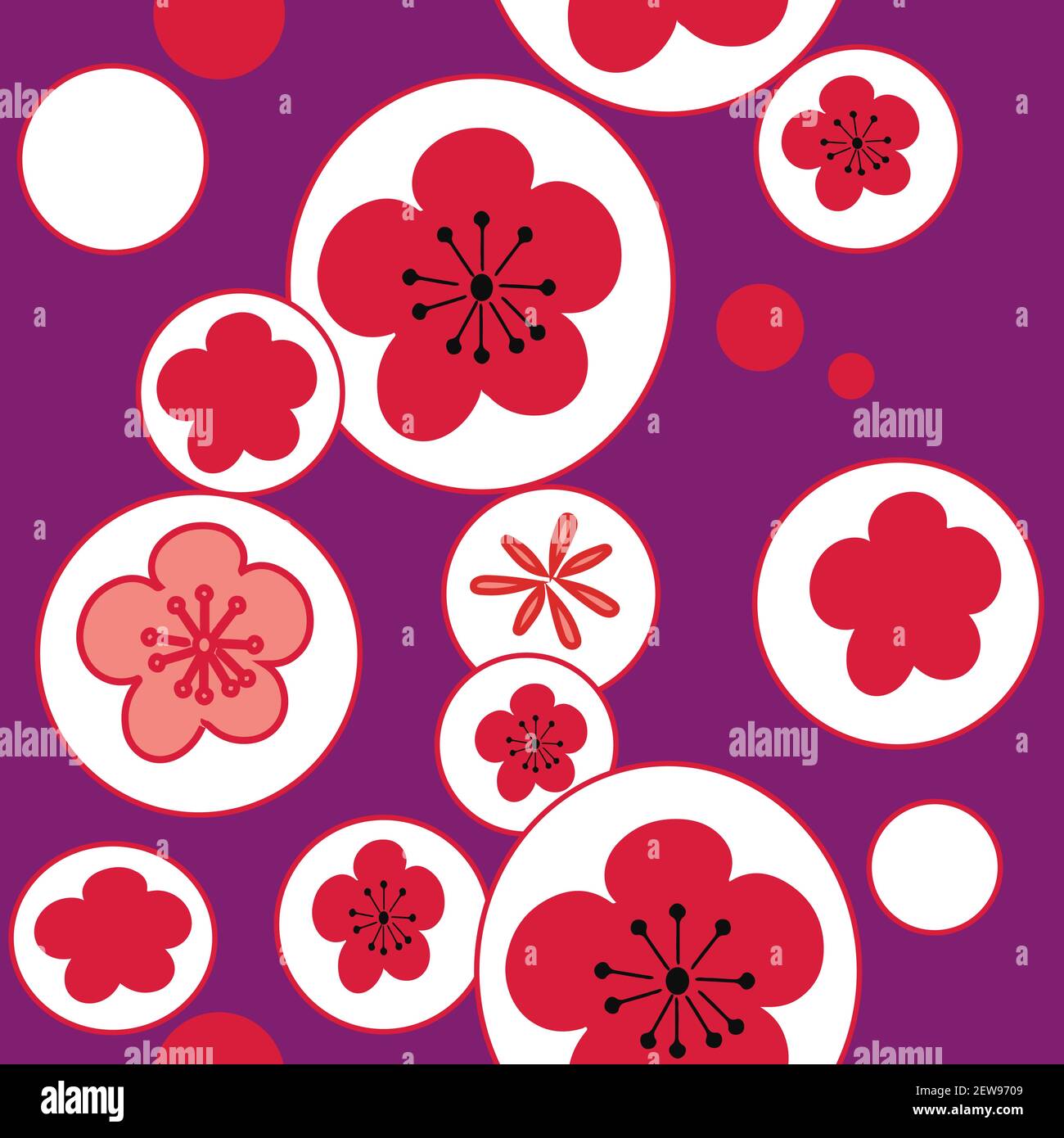 Vector bright purple white bubble cherry flowers blossom 60 s 70 s, seamless pattern background. Stock Vector