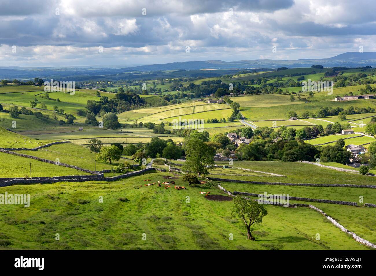 View Over Malham and surrounding countryside, Yorkshire Dales, on a Summers Day Stock Photo