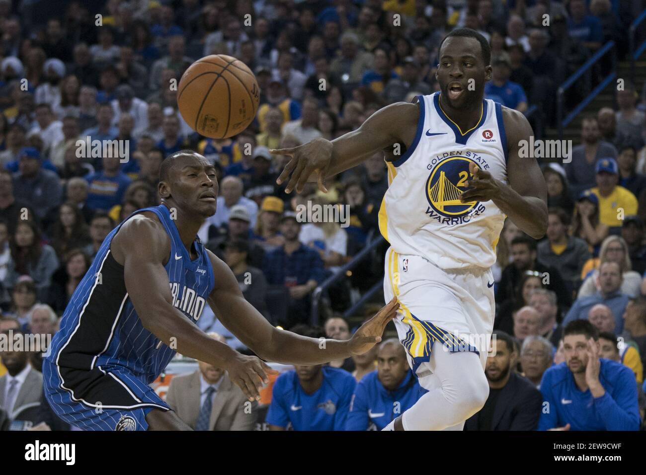 November 13 17 Oakland Ca Usa Golden State Warriors Forward Draymond Green 23 Passes The Basketball Against Orlando Magic Center Bismack Biyombo 11 During The Third Quarter At Oracle Arena Mandatory Credit November 13 17 Oakland Ca Usa Golden State Warriors Forward Draymond Green 23 Passes The Basketball Against Orlando Magic Center Bismack Biyombo 11 During The Third Quarter At Oracle Arena Mandatory Credit