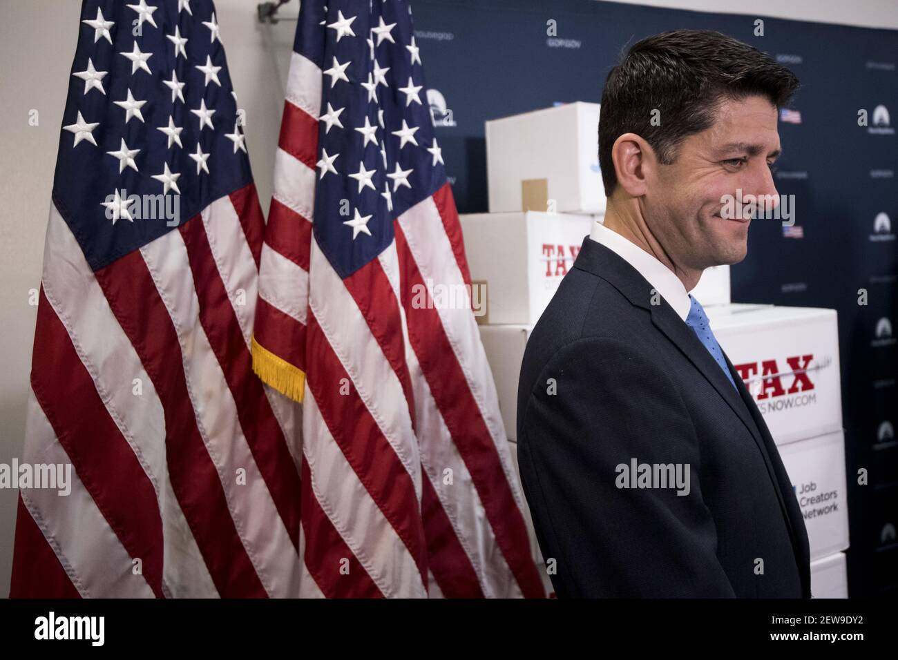 UNITED STATES - NOVEMBER 14: Speaker of the House Paul Ryan, R-Wisc., stands in front of boxes of tax reform petitions during the press conference following the House Republican Conference meeting in the Capitol on Tuesday, Nov. 14, 2017. (Photo By Bill Clark/CQ Roll Call) Stock Photo