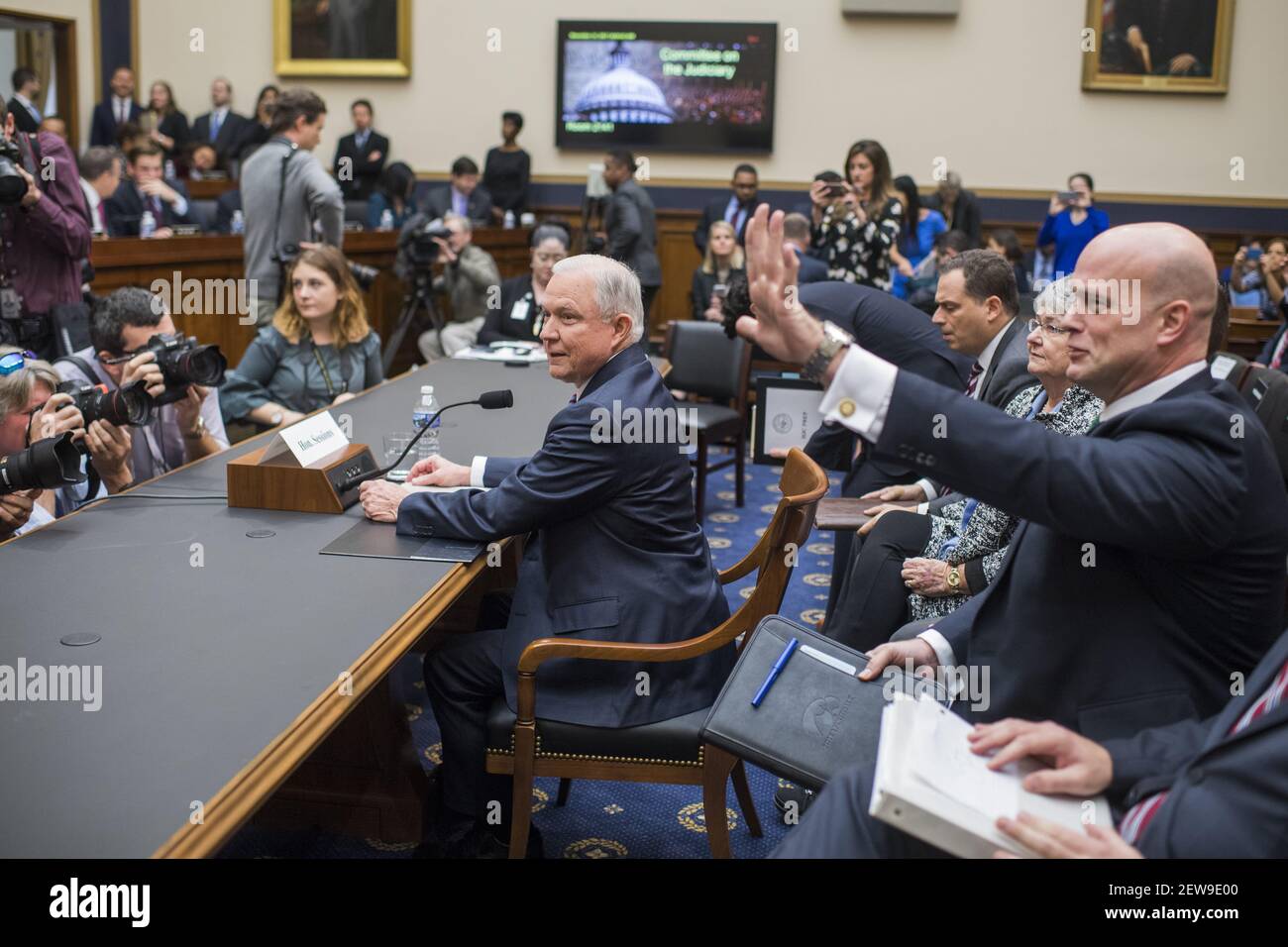 UNITED STATES - NOVEMBER 14: Attorney General Jeff Sessions arrives to testify before a House Judiciary Committee hearing in Rayburn Building on November 14, 2017, on oversight of the Department of Justice where he fielded a variety of questions including immigration and Russian meddling in the 2016 election. (Photo By Tom Williams/CQ Roll Call) Stock Photo