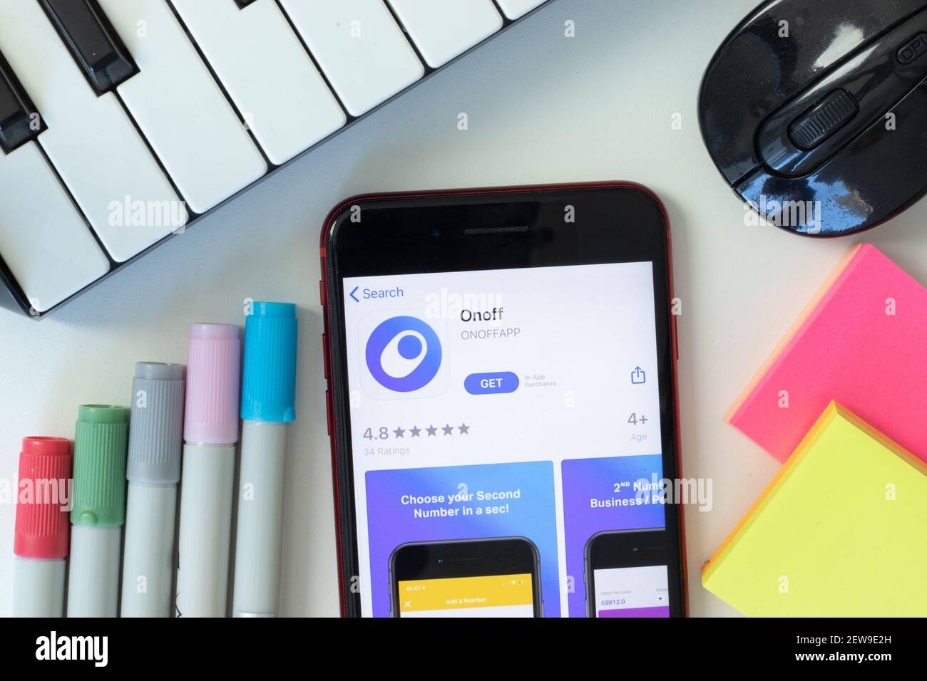 New York, USA - 2 March 2021: Onoff mobile app icon on phone screen, Illustrative Editorial Stock Photo
