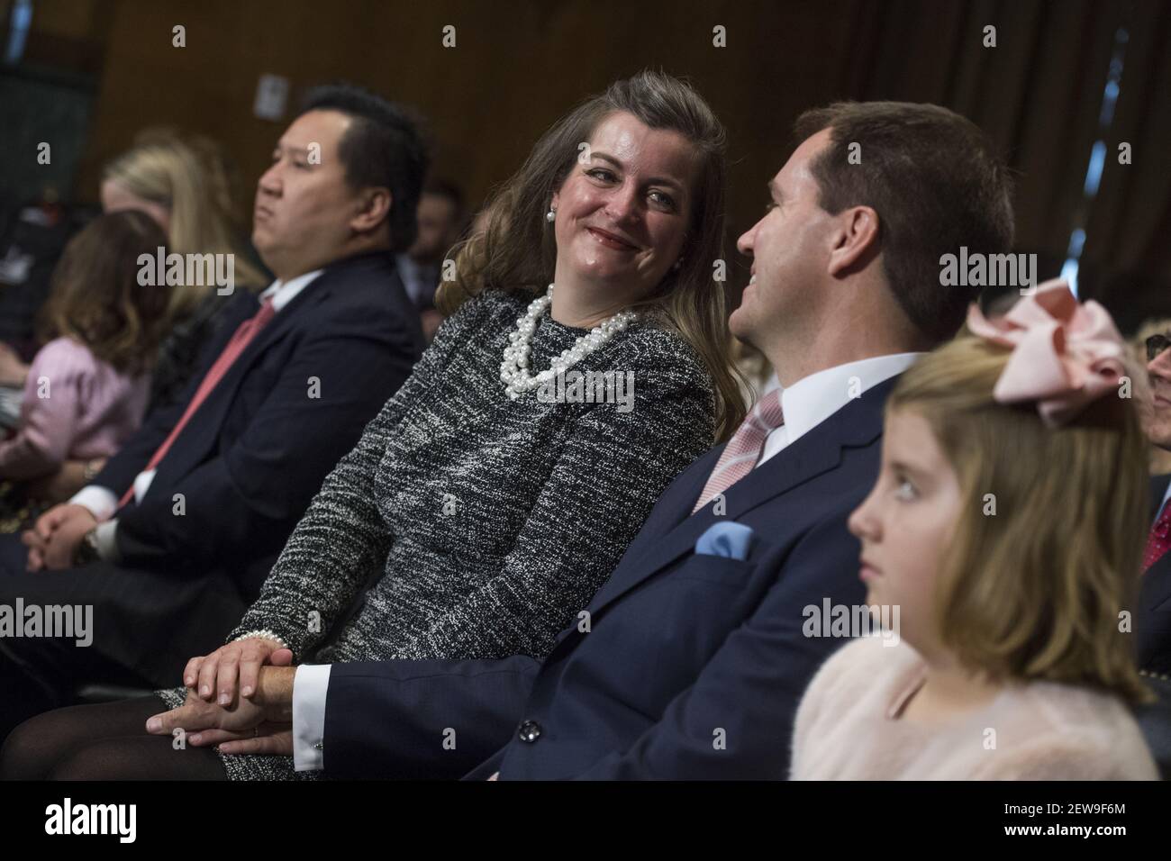 UNITED STATES - NOVEMBER 15: Don R. Willett, nominee to be a judge for the 5th U.S. Circuit Court of Appeals, appears with his wife Tiffany, and daughter Genevieve, 8, during his Senate Judiciary Committee confirmation hearing in Dirksen Building on November 15, 2017. (Photo By Tom Williams/CQ Roll Call) Stock Photo