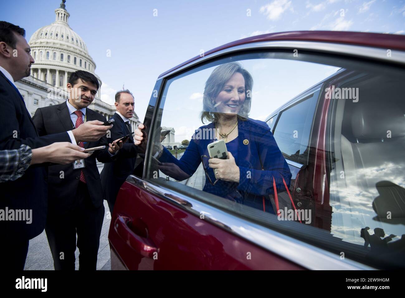 UNITED STATES - NOVEMBER 16: Rep. Barbara Comstock, R-Va., speaks with reporters as she leaves the Capitol following passage of tax reform on Thursday, Nov. 16, 2017. (Photo By Bill Clark/CQ Roll Call) Stock Photo