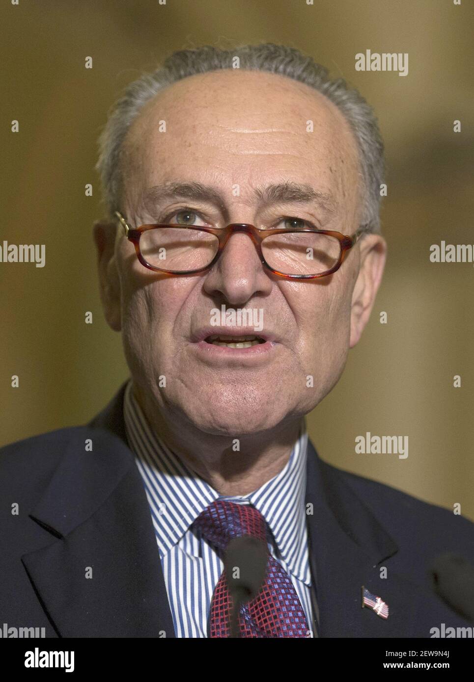 United States Senate Minority Leader Senator Chuck Schumer, Democrat of New York, speaks with reporters following the weekly United States Senate Democratic Party policy luncheons on Capitol Hill on November 14, 2017 in Washington, D.C. (Photo by Alex Edelman / CNP /Sipa USA) Stock Photo