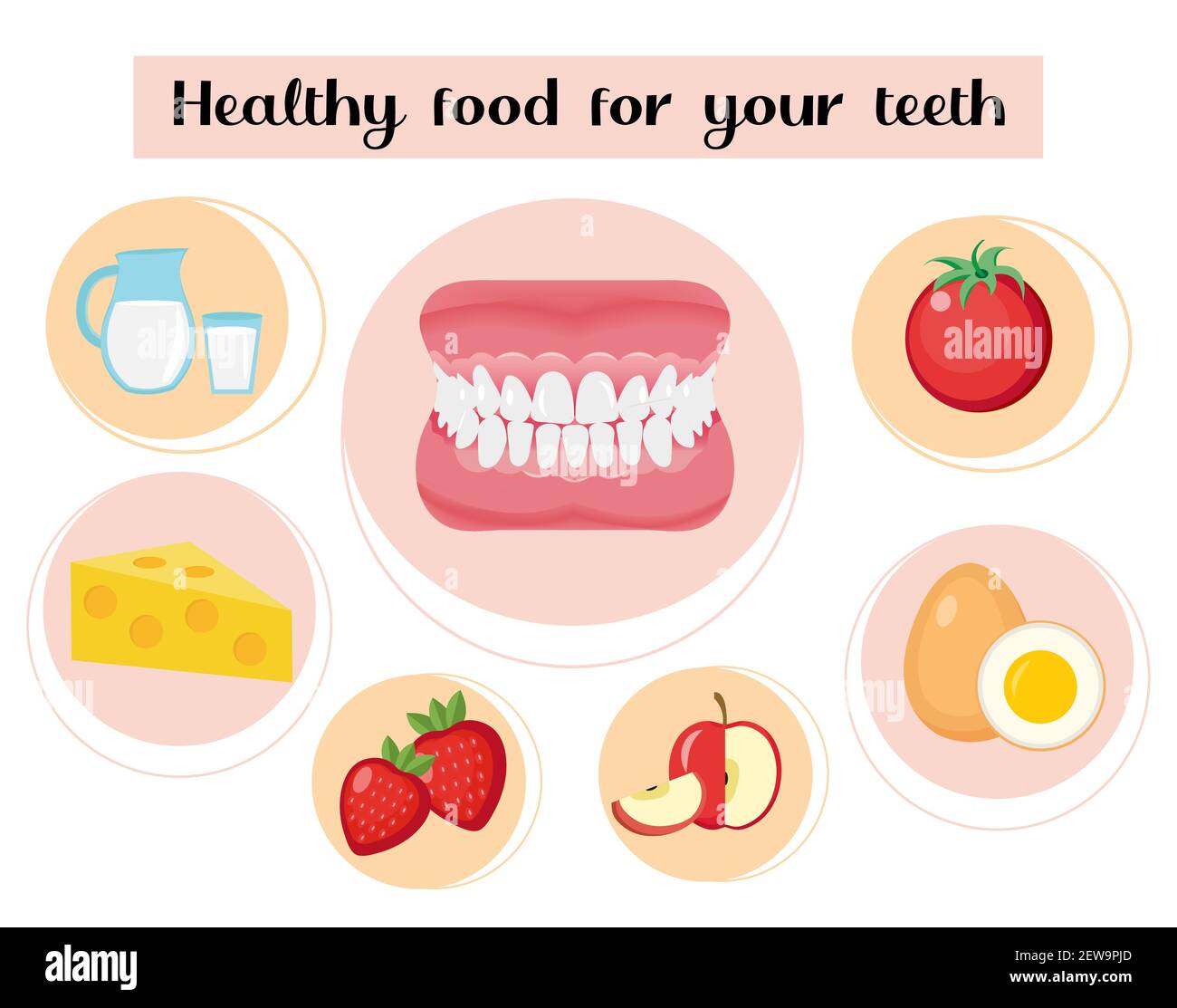 Healthy food for your teeth. Concept of food and vitamins, medicine, prevention of digestive system diseases. Vector illustration. Stock Vector