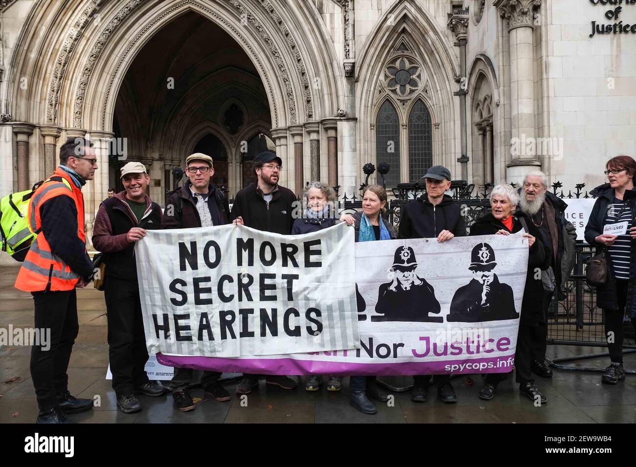 Day One of the public inquiry into undercover policing on 20th November 2017 and protesters including Baroness Jenny Jones,Green Party peer, call on the Inquiry to release the cover names and open up the files on people who have been spied upon. (Photo by Claire Doherty/Sipa Usa) Stock Photo