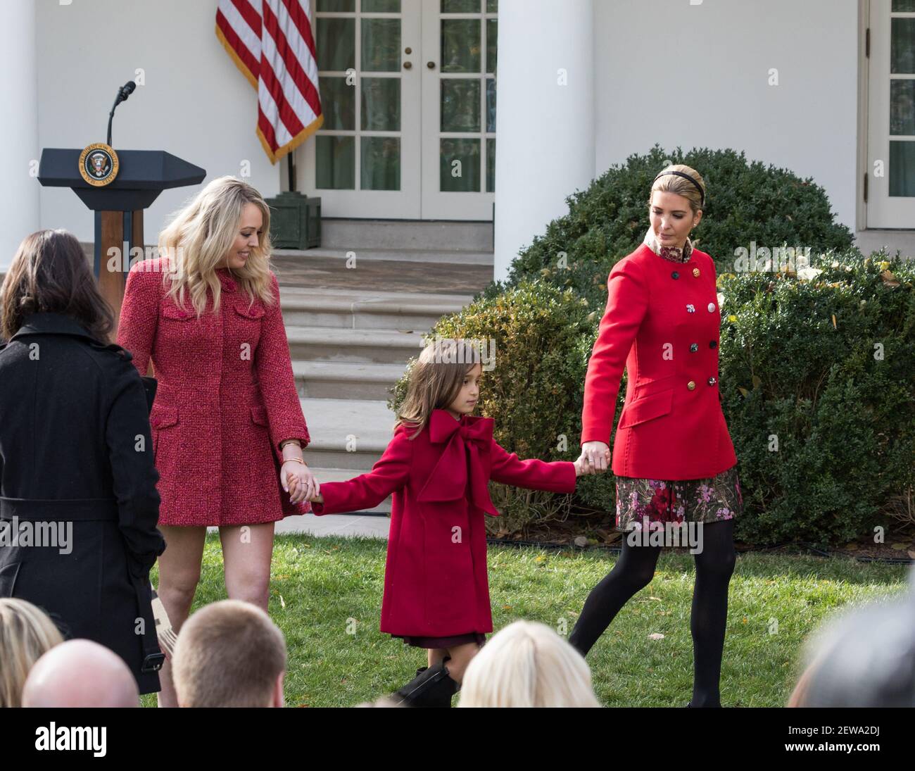 Tiffany Trump, her sister Ivanka Trump, right, and her daughter Arabella  Kushner, leave the Rose Garden after President Donald Trump pardoned  Drumstick, at the National Thanksgiving Turkey Pardoning Ceremony, at the  White, image size:1300x1095